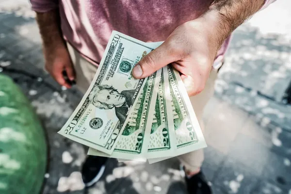 Hand holding a fan of twenty-dollar bills outdoors